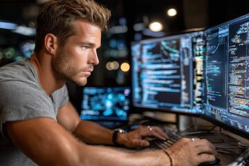 Focused Man Working Late on Computer Code