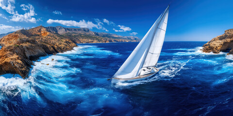 Luxury sailboat cruising through vibrant blue ocean waves near rocky coastline