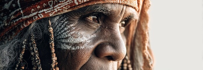 Portrait of an indigenous elder showcasing traditional cultural elements and wisdom.