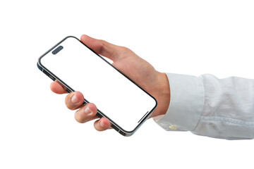 Hand showing smartphone with blank screen isolated.	