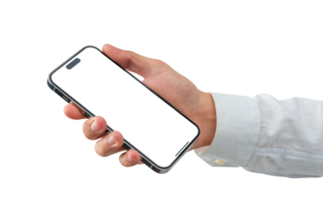 Hand showing smartphone with blank screen isolated.	