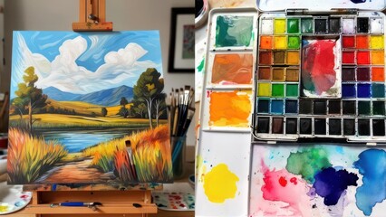 Vibrant landscape painting on easel alongside colorful watercolor palette and art supplies, inspiring creativity for artists and designers
