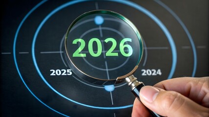 Magnifying glass focusing on the year 2026 within a digital target, representing close examination and strategic planning for the future