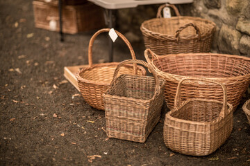 Collection of handmade woven baskets from natural materians for home and market use. Artisan woven baskets craft. Eco-friendly handmade basket