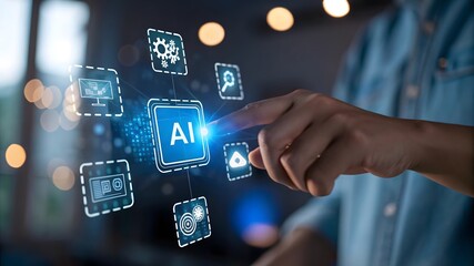 Person interacting with a digital interface showing ai technology and interconnected icons representing data, analytics, and innovation