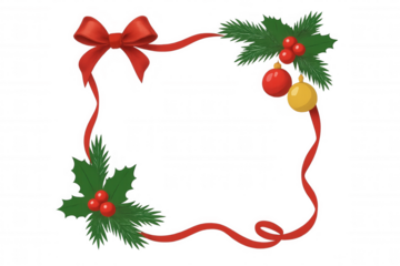 Christmas festive border with red ribbon, bows, holly, pine branches, and colorful baubles on transparent background