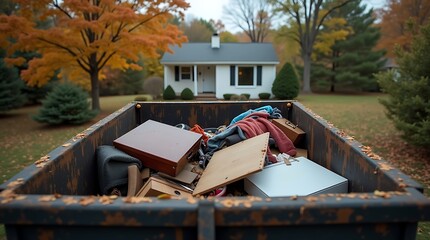 Autumnal scene featuring a residential home with a filled dumpster in the foreground amidst colorful fall foliage
