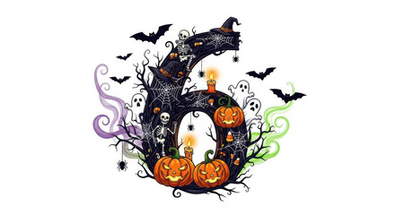 Spooky Halloween number six with pumpkins ghosts and bats.