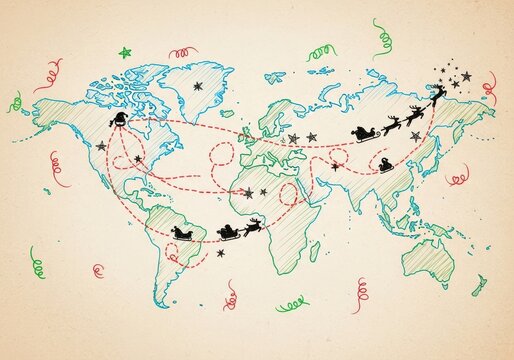 A handdrawn world map illustrating santas global christmas eve journey with a dotted red line and sleighs