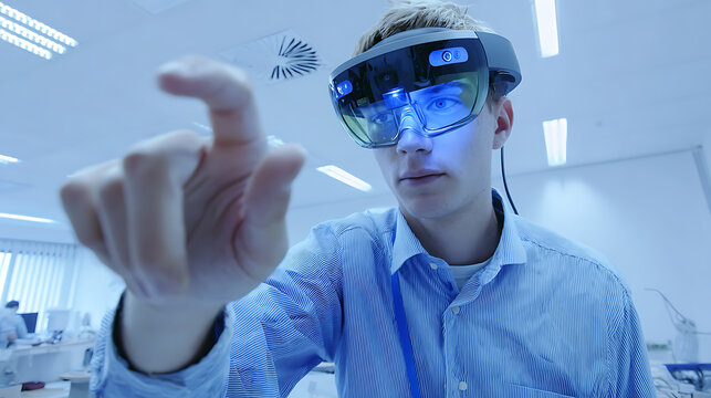 A person wearing a futuristic augmented reality headset interacts with a virtual interface in a modern laboratory setting.