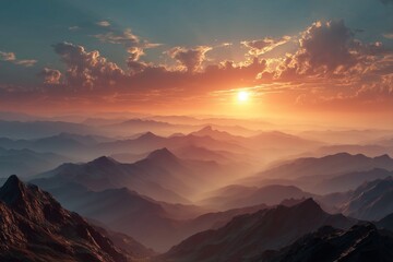 Stunning sunrise over a mountainous landscape, casting shadows and vibrant hues.