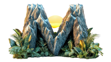 Alphabet M formed by mountain shapes with sunset and tropical plants, isolate on white background png