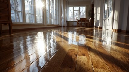 Sunlight streaming through windows onto polished wooden floor.