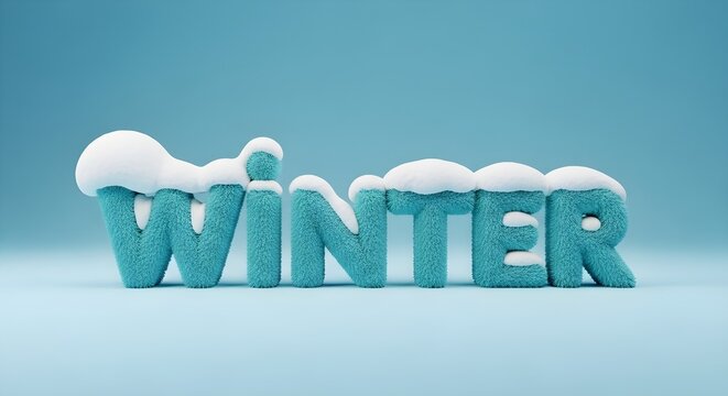 The word 'WINTER' is displayed in a whimsical, furry font, with each letter topped with a layer of snow, set against a soft blue background.