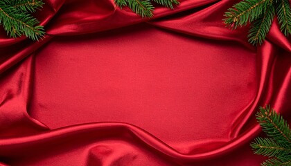 Luxurious red fabric with evergreen branches creates festive and elegant holiday background