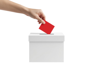 Ballot casting process illustrated with a hand dropping a red card into a white election box,