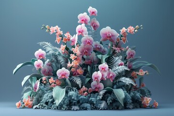 Vibrant arrangement of blooming orchids on a soft blue background.
