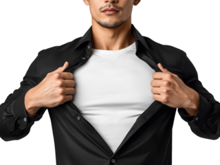Confident man revealing blank white t-shirt, isolated against a transparent backdrop, symbolizing