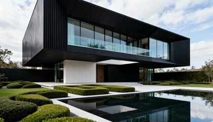 Modern dark monolithic building with glass and cantilever, reflected in pool.