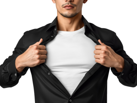 Confident man revealing blank white t-shirt, isolated against a transparent backdrop, symbolizing