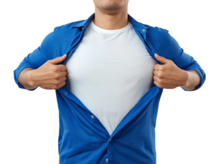 Man revealing blank white t-shirt under blue shirt on a transparent background ideal for