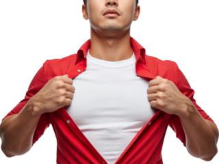 Dynamic man unveiling his potential, superhero persona isolated on transparent space, confident