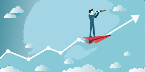 Businessman riding a red paper airplane on a rising graph line looking through a telescope towards the future