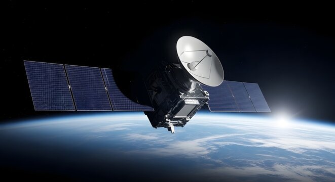 Satellite orbiting Earth sun illuminates satellite panels