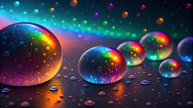 Rainbow light spheres on dark reflective surface abstract
