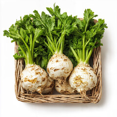 Fresh organic celery root with green leaves in wicker basket