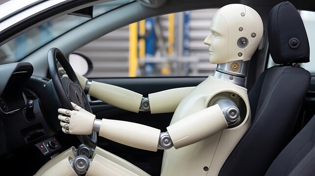 Autonomous vehicle testing with a crash test dummy simulating a driver in a modern car