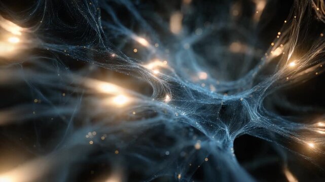 Abstract representation of a neural network with glowing neurons firing and transmitting electrical impulses through a complex web of synapses and axons, showing brain activity and communication