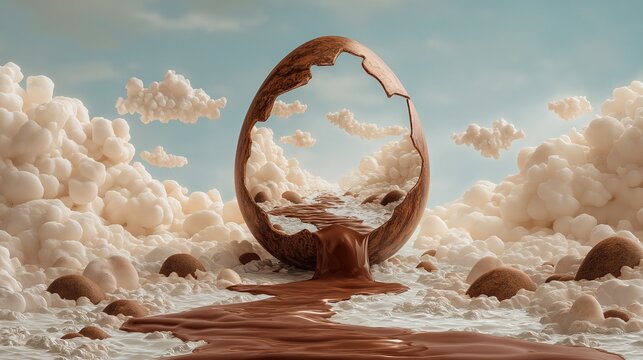 Surreal image of cracked chocolate egg with flowing chocolate river surrounded by fluffy clouds and rocks, creating dreamlike landscape