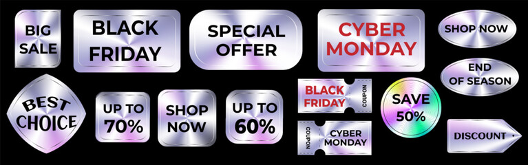 Collection of Black Friday and Cyber Monday Sale metallic coupons with shiny gradient effect. Holographic Modern discount labels for online store, special offers, seasonal sales, banners. Style 2000s 
