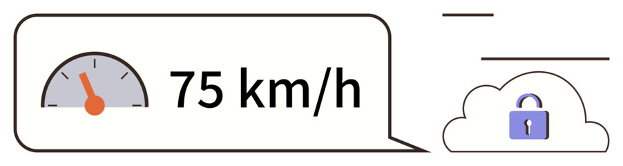 Speed gauge with 75 kmh reading and padlock over cloud icon for secure data storage. Ideal for technology, security, transportation, IoT, connectivity, monitoring, innovation. Simple flat metaphor