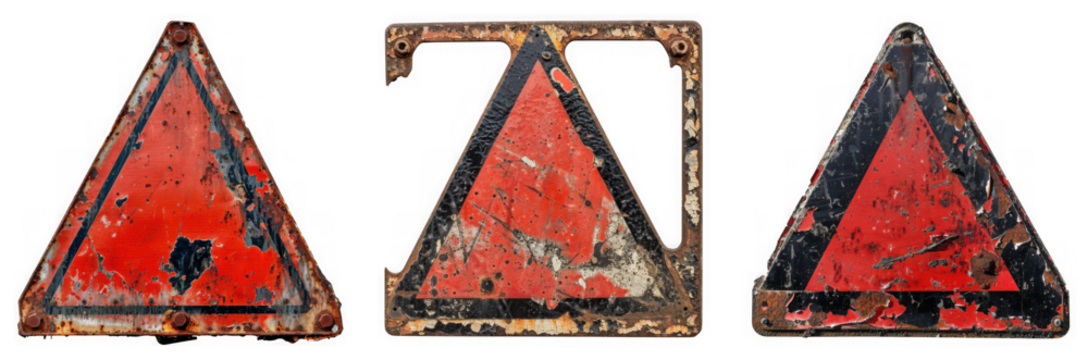 Three weathered, rusty, red triangular warning signs with black borders, isolated on a transparent background