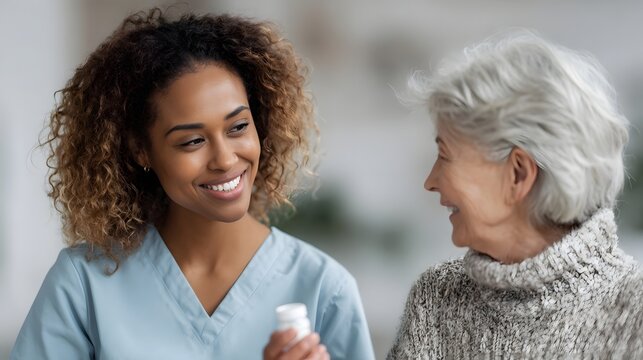 A nurse kindly explains medication to an elderly patient fostering a supportive healthcare moment