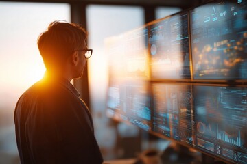 Corporate executive analyzes complex financial data on multiple computer screens in modern office at sunset, creating focused and dynamic atmosphere