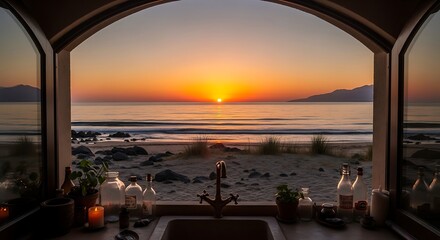 Kitchen sink view of a serene beach sunset with calm ocean and sandy shore faucet