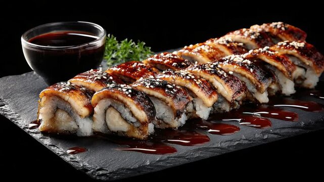 A platter of grilled eel sushi rolls, drizzled with sauce, sits on a dark stone surface against a black background