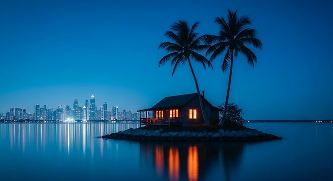 Illuminated island cabin with palm trees and distant city skyline at twilight house ocean