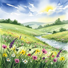 Vibrant watercolor landscape of rolling green hills with a stream and wildflowers under a sunny sky