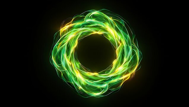 Abstract swirling vortex of vibrant green and yellow energy particles forming an oval shape against a dark black background