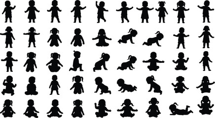 Black silhouette vector illustration of children in various poses, playing, sitting, crawling, standing, active kids collection, isolated design