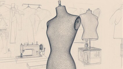 Sketchbook dreams come alive with vintage sewing machine and elegant mannequins, capturing the essence of fashion design creation