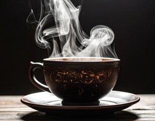 Warm Beverage Moment: An inviting cup of steaming drink with delicate smoke, perfect for a moment of warmth and comfort on a chilly day, offering a sense of calm.