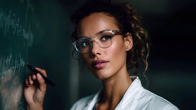 A focused woman in a lab coat writes complex equations on a chalkboard symbolizing scientific discovery and learning