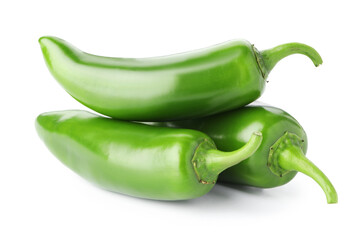 Many green jalapeno peppers isolated on white