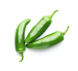 Many green jalapeno peppers isolated on white, top view