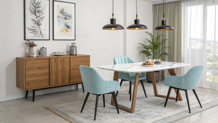 Modern dining room interior with wooden sideboard and marble dining table